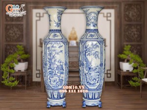 Đôi lộc bình men lam nổi họa tiết Tùng Cúc Trúc Mai, cao 1m75 (cả chân kê)