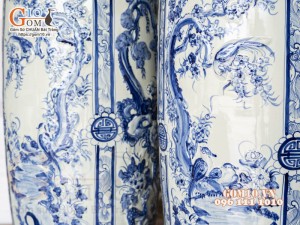 Đôi lộc bình men lam nổi họa tiết Tùng Cúc Trúc Mai, cao 1m75 (cả chân kê)