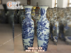 Đôi lộc bình men lam vẽ Bách Nhi Bách Phúc, cao 1m4