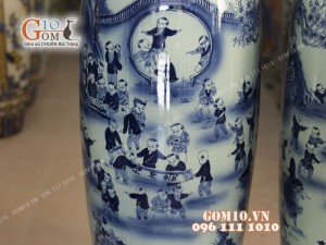 Đôi lộc bình men lam vẽ Bách Nhi Bách Phúc, cao 1m4