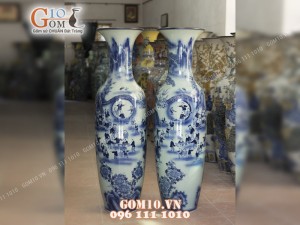 Đôi lộc bình men lam vẽ Bách Nhi Bách Phúc, cao 1m4