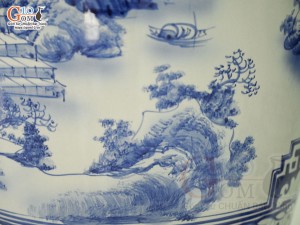 Đôi lộc bình men lam vẽ cảnh Tùng Chùa, cao 1m60