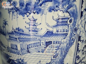 Đôi lộc bình men lam vẽ cảnh Tùng Chùa, cao 1m60