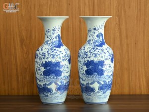 Đôi lộc bình men lam vẽ Chép Sen Đại Cát, cao 50cm