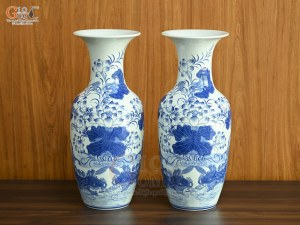Đôi lộc bình men lam vẽ Chép Sen Đại Cát, cao 50cm