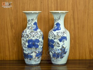 Đôi lộc bình men lam vẽ Chép Sen Đại Cát vẽ vàng, cao 50cm