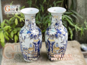 Đôi lộc bình men lam vẽ Cổ Đồ cao 50cm - vẽ vàng