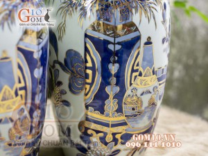Đôi lộc bình men lam vẽ Cổ Đồ cao 50cm - vẽ vàng