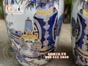 Đôi lộc bình men lam vẽ Cổ Đồ cao 50cm - vẽ vàng