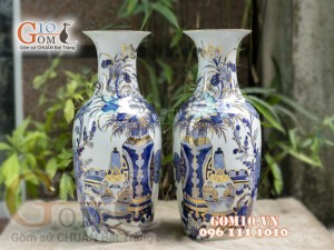 Đôi lộc bình men lam vẽ Cổ Đồ cao 50cm - vẽ vàng