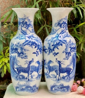 Đôi lộc bình men lam vẽ Hươu Đào cao 60cm