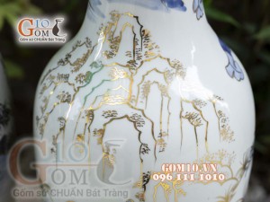 Đôi lộc bình men lam vẽ Kim Kê Đại Cát cao 50cm - vẽ vàng