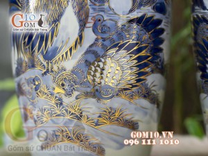 Đôi lộc bình men lam vẽ Kim Kê Đại Cát cao 50cm - vẽ vàng