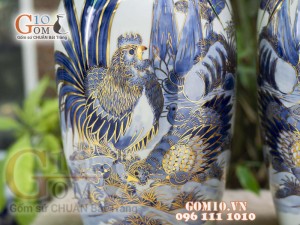 Đôi lộc bình men lam vẽ Kim Kê Đại Cát cao 50cm - vẽ vàng