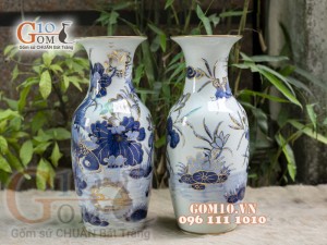 Đôi lộc bình men lam vẽ Lý Ngư Vọng Nguyệt cao 32cm - vẽ vàng