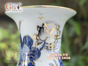 Đôi lộc bình men lam vẽ Lý Ngư Vọng Nguyệt cao 32cm - vẽ vàng