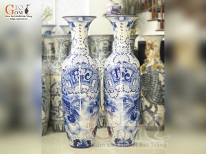Đôi lộc bình men lam vẽ Phúc Đức cao cấp, cao 1m60