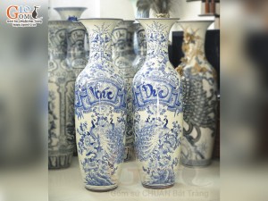 Đôi lộc bình men lam vẽ Phúc Đức Tài Lộc, cao 1m40