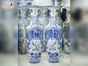 Đôi lộc bình men lam vẽ Phúc Đức Trường Thọ, cao 1m40