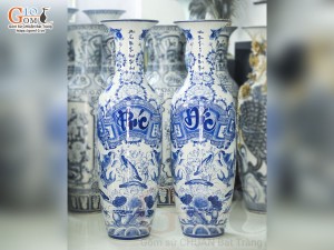 Đôi lộc bình men lam vẽ Phúc Đức Trường Thọ, cao 1m40