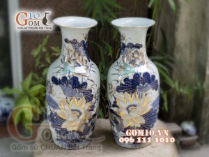 Đôi lộc bình men lam vẽ Sen cao 60cm - vẽ vàng