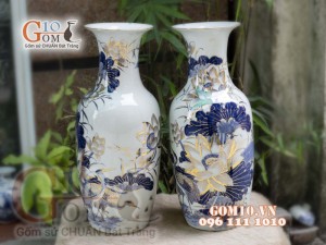 Đôi lộc bình men lam vẽ Sen cao 60cm - vẽ vàng