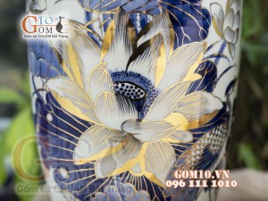 Đôi lộc bình men lam vẽ Sen cao 60cm - vẽ vàng
