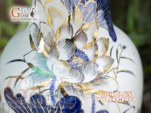 Đôi lộc bình men lam vẽ Sen cao 60cm - vẽ vàng