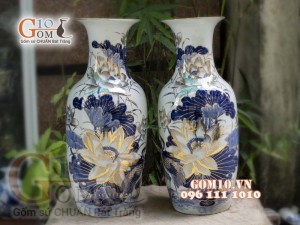 Đôi lộc bình men lam vẽ Sen cao 60cm - vẽ vàng