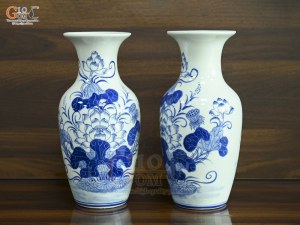 Đôi lộc bình men lam vẽ Sen Đại Cát, cao 60cm