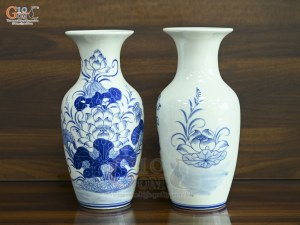 Đôi lộc bình men lam vẽ Sen Đại Cát, cao 60cm