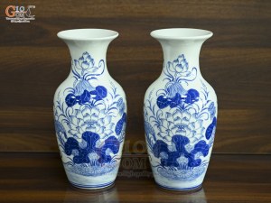 Đôi lộc bình men lam vẽ Sen Đại Cát, cao 60cm