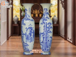 Đôi lộc bình men lam vẽ tam đa Phúc Lộc Thọ, cao 1m75