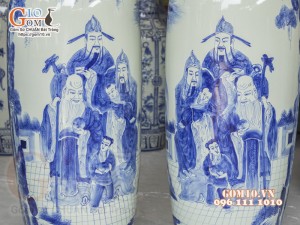 Đôi lộc bình men lam vẽ tam đa Phúc Lộc Thọ, cao 1m75