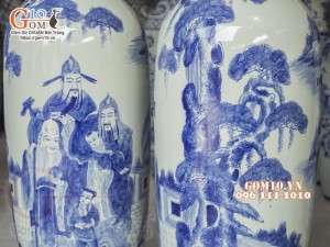 Đôi lộc bình men lam vẽ tam đa Phúc Lộc Thọ, cao 1m75