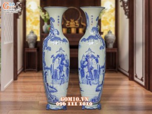 Đôi lộc bình men lam vẽ tam đa Phúc Lộc Thọ, cao 1m75