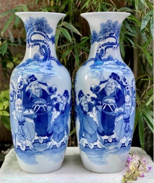 Đôi lộc bình men lam vẽ Tam Phúc cao 60cm