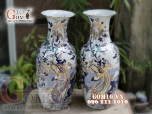 Đôi lộc bình men lam vẽ Trĩ Đào cao 60cm - vẽ vàng