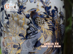 Đôi lộc bình men lam vẽ Trĩ Đào cao 60cm - vẽ vàng