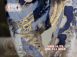 Đôi lộc bình men lam vẽ Trĩ Đào cao 60cm - vẽ vàng