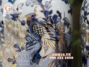 Đôi lộc bình men lam vẽ Trĩ Đào cao 60cm - vẽ vàng