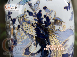 Đôi lộc bình men lam vẽ Trĩ Đào cao 60cm - vẽ vàng