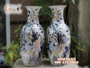 Đôi lộc bình men lam vẽ Trĩ Đào cao 60cm - vẽ vàng