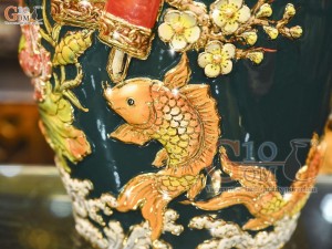 Đôi lộc bình men màu đắp nổi Công Đào Phúc Đức nền xanh lục bảo vẽ vàng 24k, cao 56cm