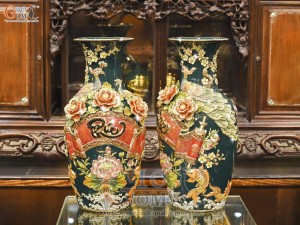 Đôi lộc bình men màu đắp nổi Công Đào Phúc Đức nền xanh lục bảo vẽ vàng 24k, cao 56cm