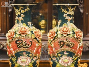 Đôi lộc bình men màu đắp nổi Công Đào Phúc Đức nền xanh lục bảo vẽ vàng 24k, cao 56cm