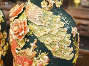 Đôi lộc bình men màu đắp nổi Công Đào Phúc Đức nền xanh lục bảo vẽ vàng 24k, cao 56cm