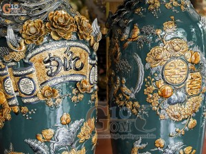 Đôi lộc bình men màu đắp nổi Đức Phúc kênh, nền vàng cao 1m6