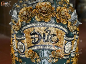 Đôi lộc bình men màu đắp nổi Đức Phúc kênh, nền vàng cao 1m6