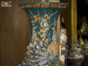 Đôi lộc bình men màu đắp nổi Đức Phúc kênh, nền vàng cao 1m6